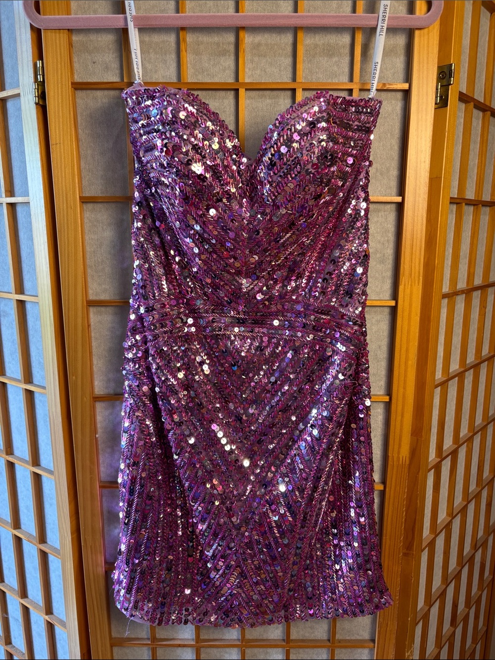 Sherri Hill Purple Sequin Strapless Sweetheart Dress